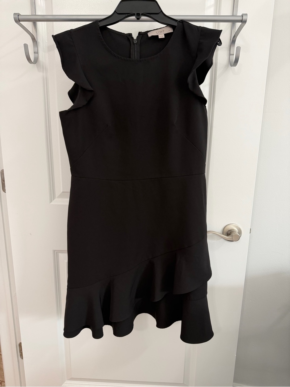 LOFT Black Ruffle Sleeve Asymmetrical Hem Dress